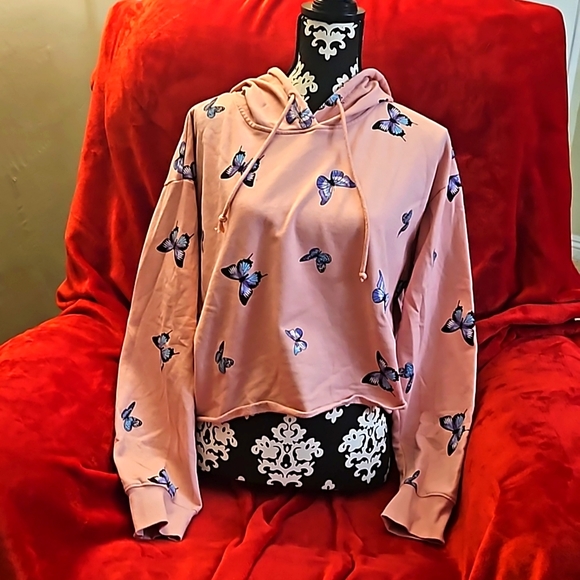 No Boundaries pink Cropped butterfly hoodie - Picture 1 of 7